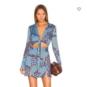 Free People Miki Long Sleeve Mini Dress Blue Sea Tie Front Cut-Out‎ Collar Retro